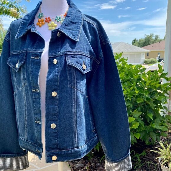 REBECCA MINKOFF DARK WASH DENIM JACKET WITH RHINESTONE EMBELLISHED CUFFS XL NWT - Picture 14 of 16